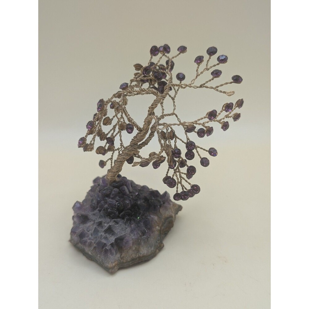 Vintage Amethyst Crystal Tree of Life Wire Wrapped Bonsai Geode Base Feng Shui